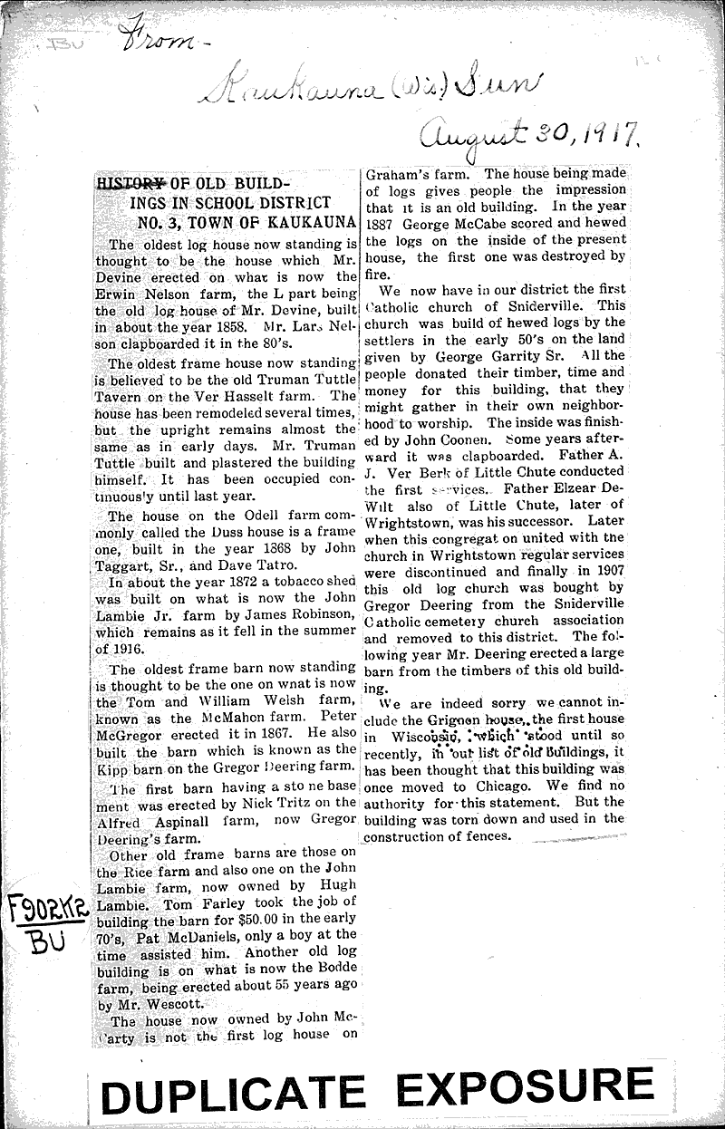 History of old buildings in school district No. 3, Town of Kaukauna