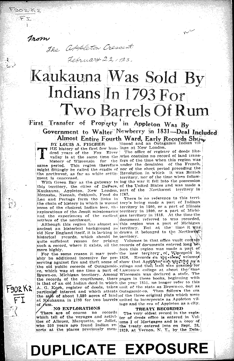 Kaukauna was sold by indians in 1793 for two barrels of rum Newspaper