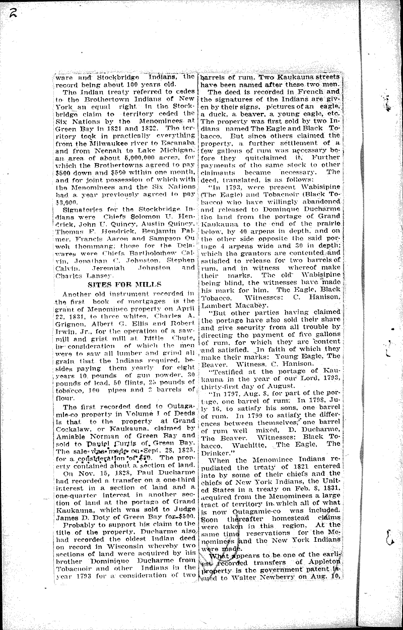 Kaukauna was sold by indians in 1793 for two barrels of rum Newspaper