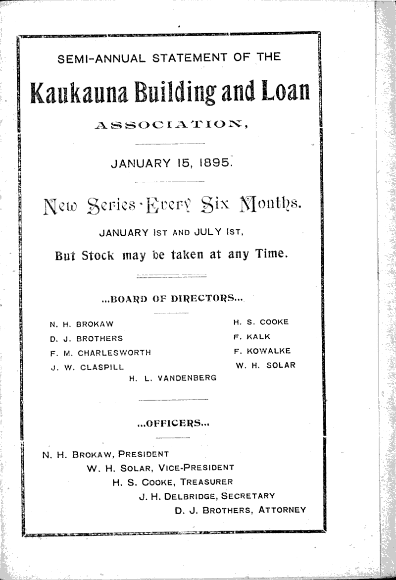 Semiannual statement of the Kaukauna Building and Loan Newspaper