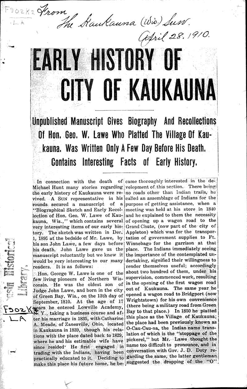 Early history of City of Kaukauna Newspaper Article/Clipping
