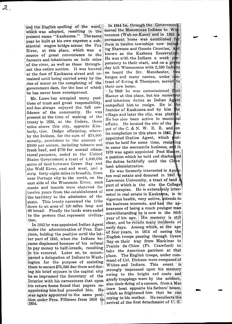 Early history of City of Kaukauna Newspaper Article/Clipping
