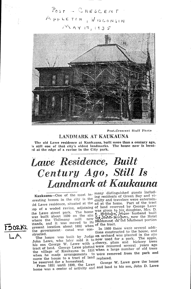 Lawe residence, built century ago, still is landmark at Kaukauna
