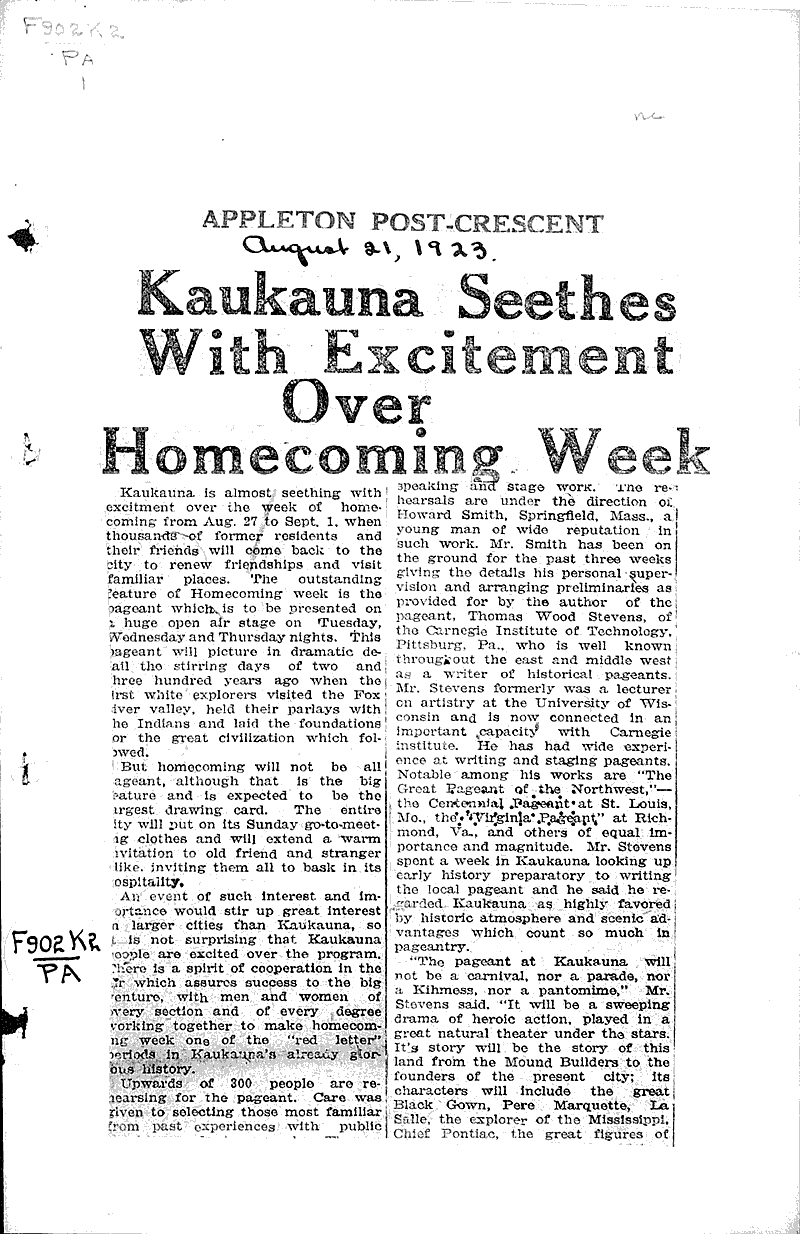 Kaukauna seethes with excitement over Week Newspaper