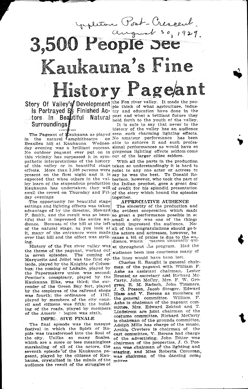 3,500 people see Kaukauna's fine history pageant Newspaper Article