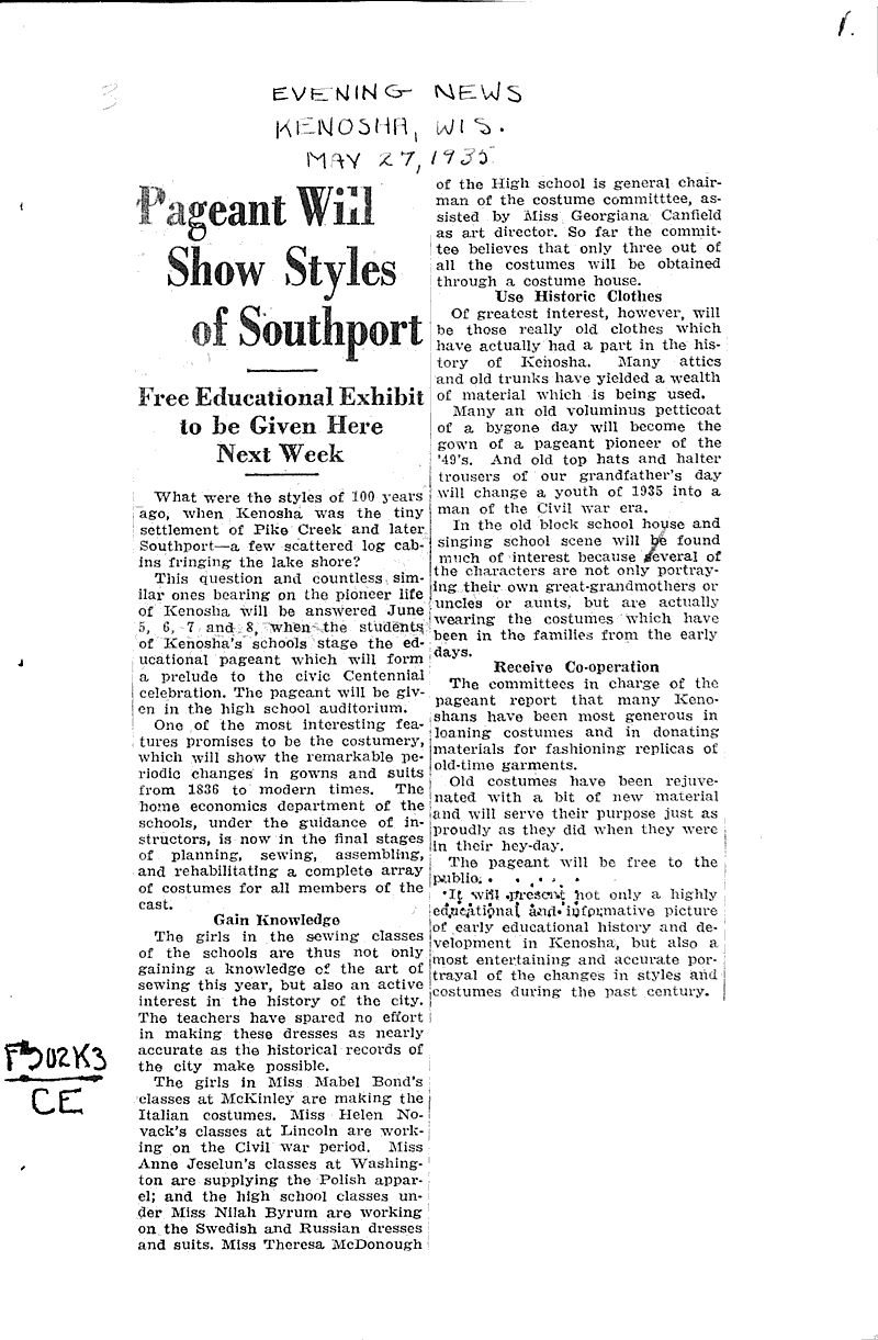  Source: Kenosha Evening News Topics: Education Date: 1935-05-27