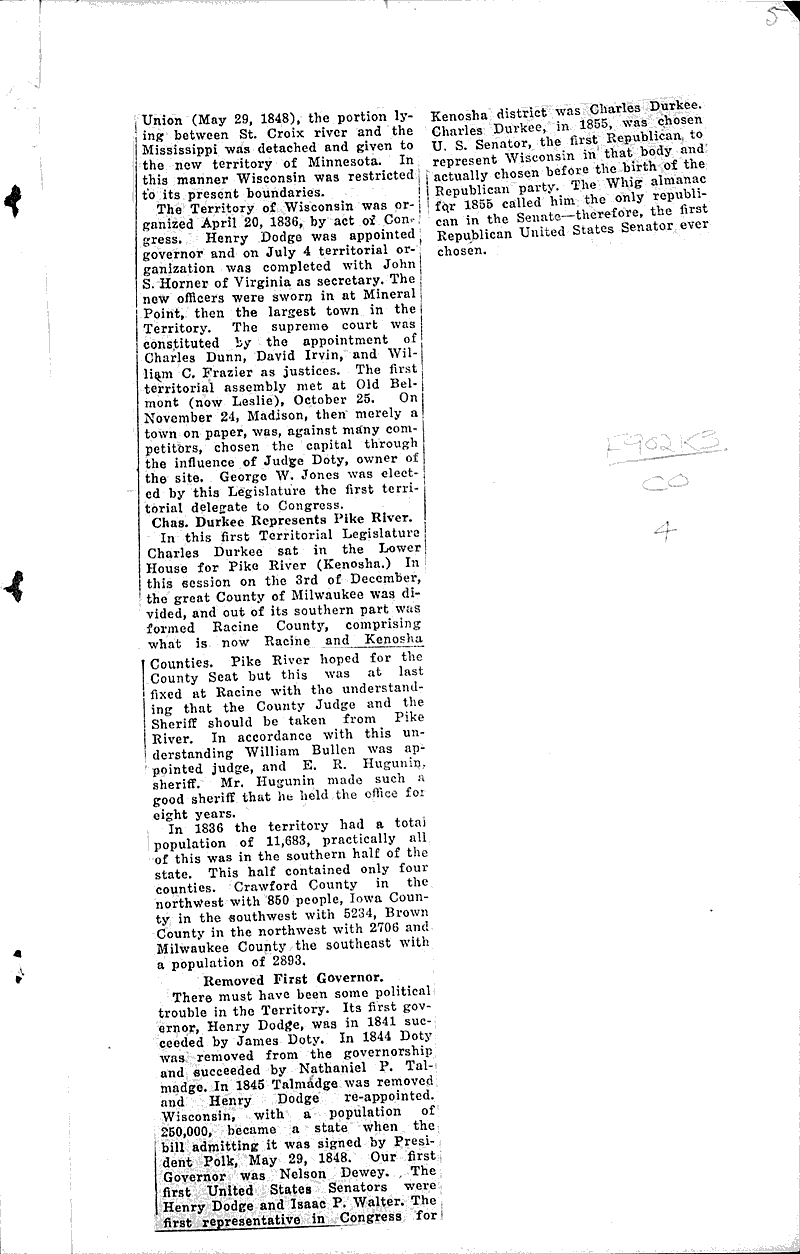 History of Kenosha County dates back to year 1834 Newspaper Article