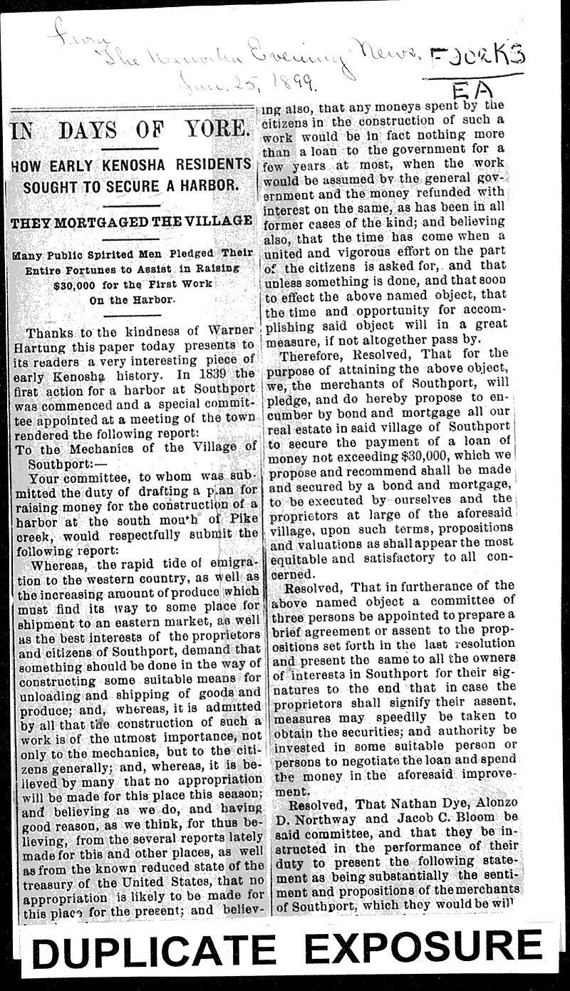 In days of yore: how early Kenosha residents sought to secure a harbor Source: Kenosha Evening News Topics: Transportation Date: 1899-01-25