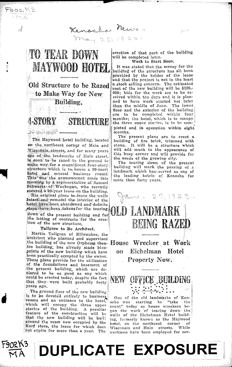 To tear down Maywood Hotel Newspaper Article/Clipping Wisconsin