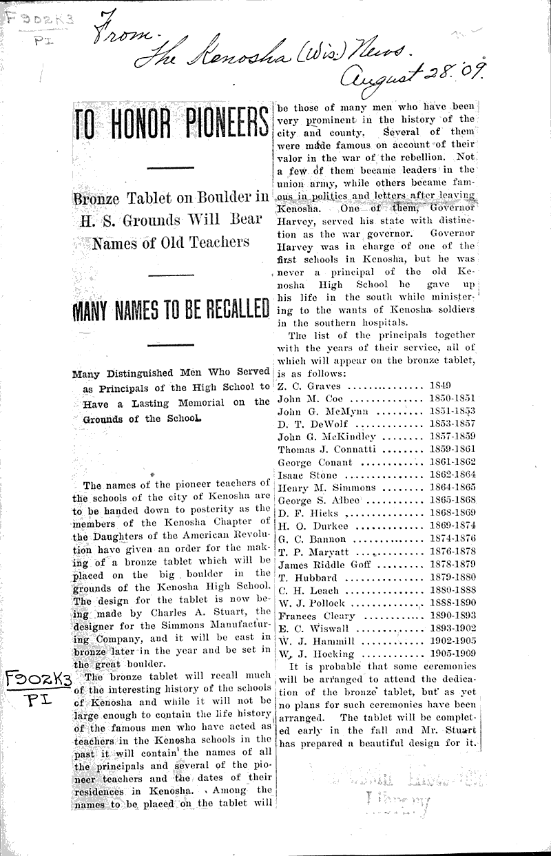 To honor pioneers Newspaper Article/Clipping Wisconsin Historical