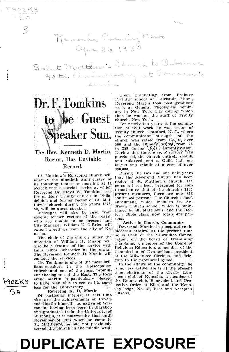  Source: Kenosha Evening News Topics: Church History Date: 1930-04-26