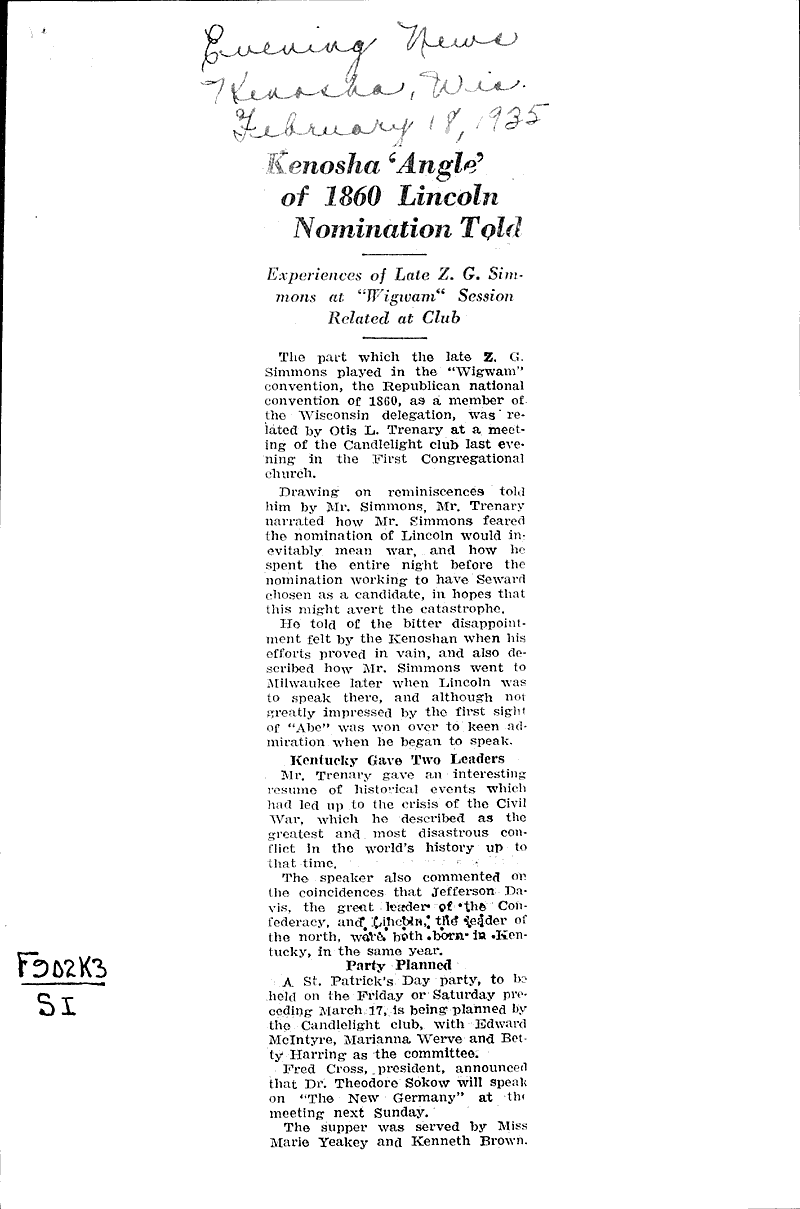 Kenosha 'Angle' of 1860 Lincoln nomination told Newspaper Article