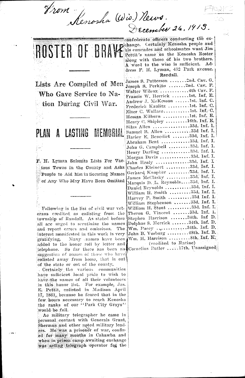  Source: Kenosha News Topics: Civil War Date: 1913-12-26