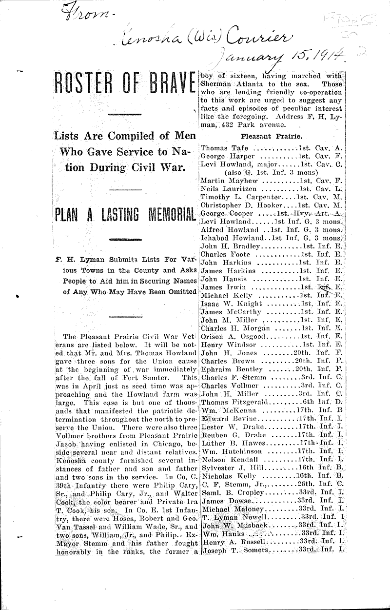  Source: Kenosha Courier Topics: Civil War Date: 1914-01-15