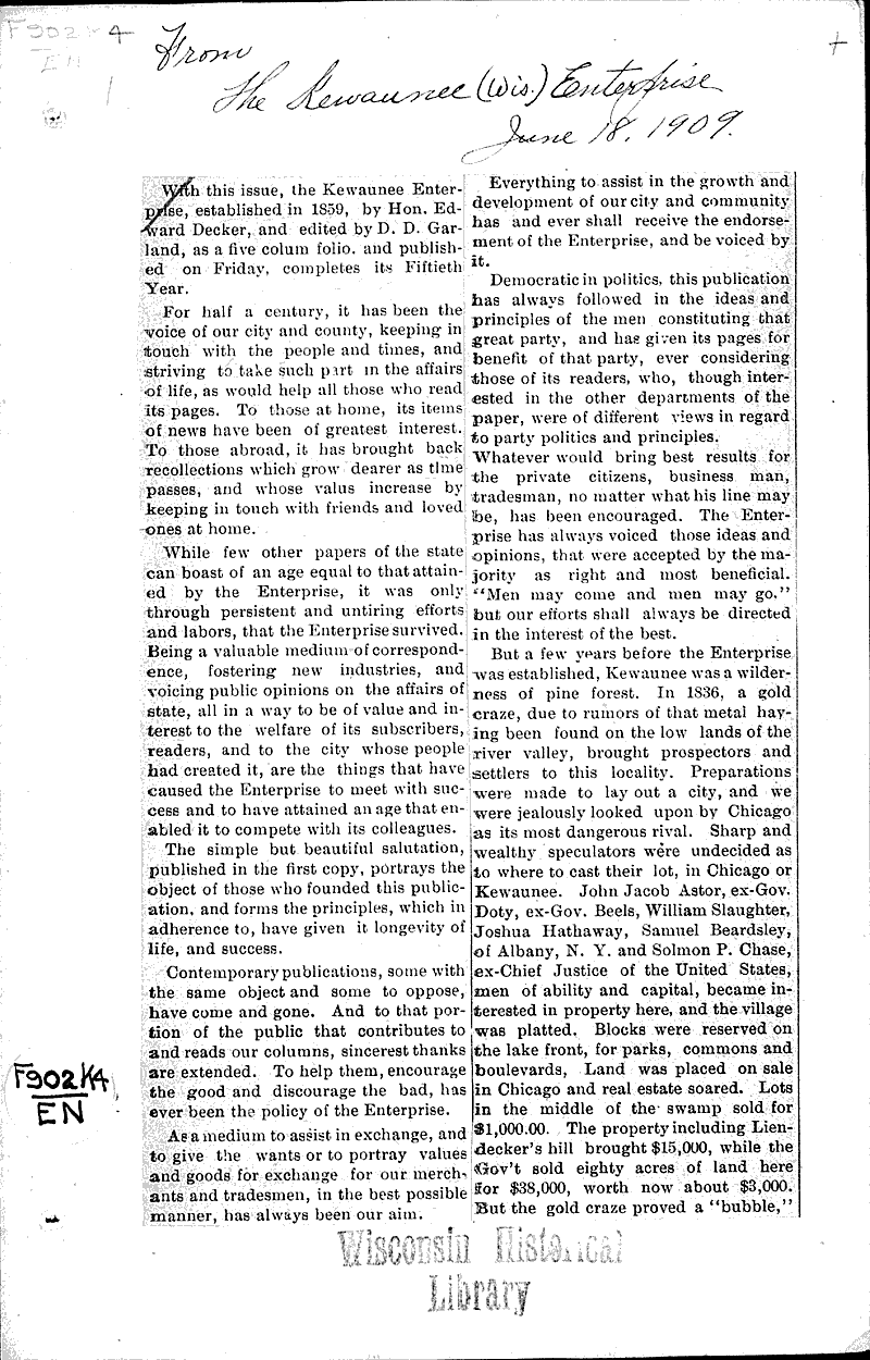  Source: Kewaunee Enterprise Topics: Industry Date: 1909-06-18
