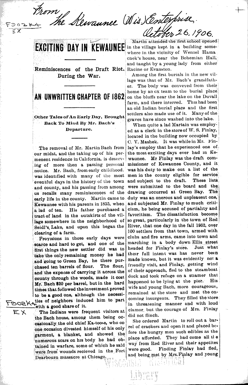 Exciting day in Kewaunee Newspaper Article/Clipping Wisconsin