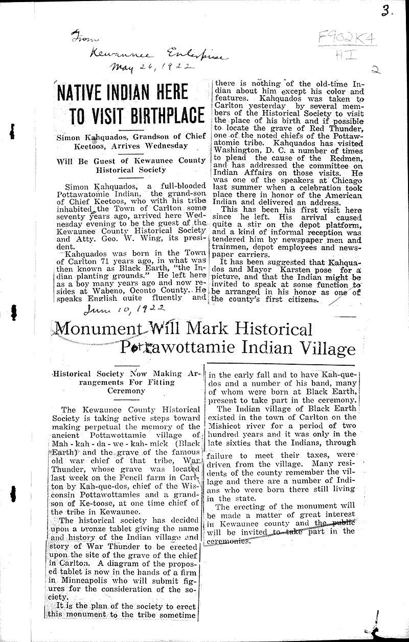  Source: Kewaunee Enterprise Topics: Indians and Native Peoples Date: 1922-05-26