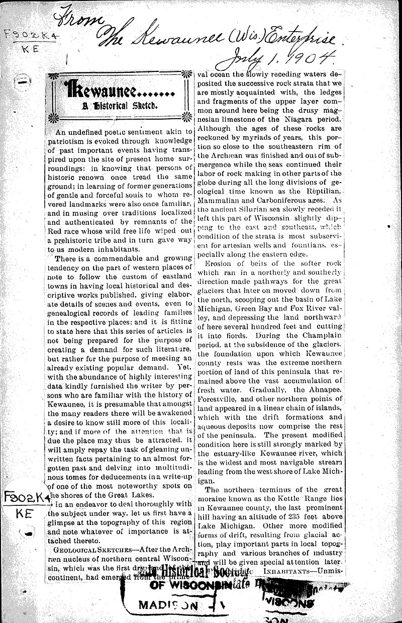 Kewaunee.....a historical sketch Newspaper Article/Clipping