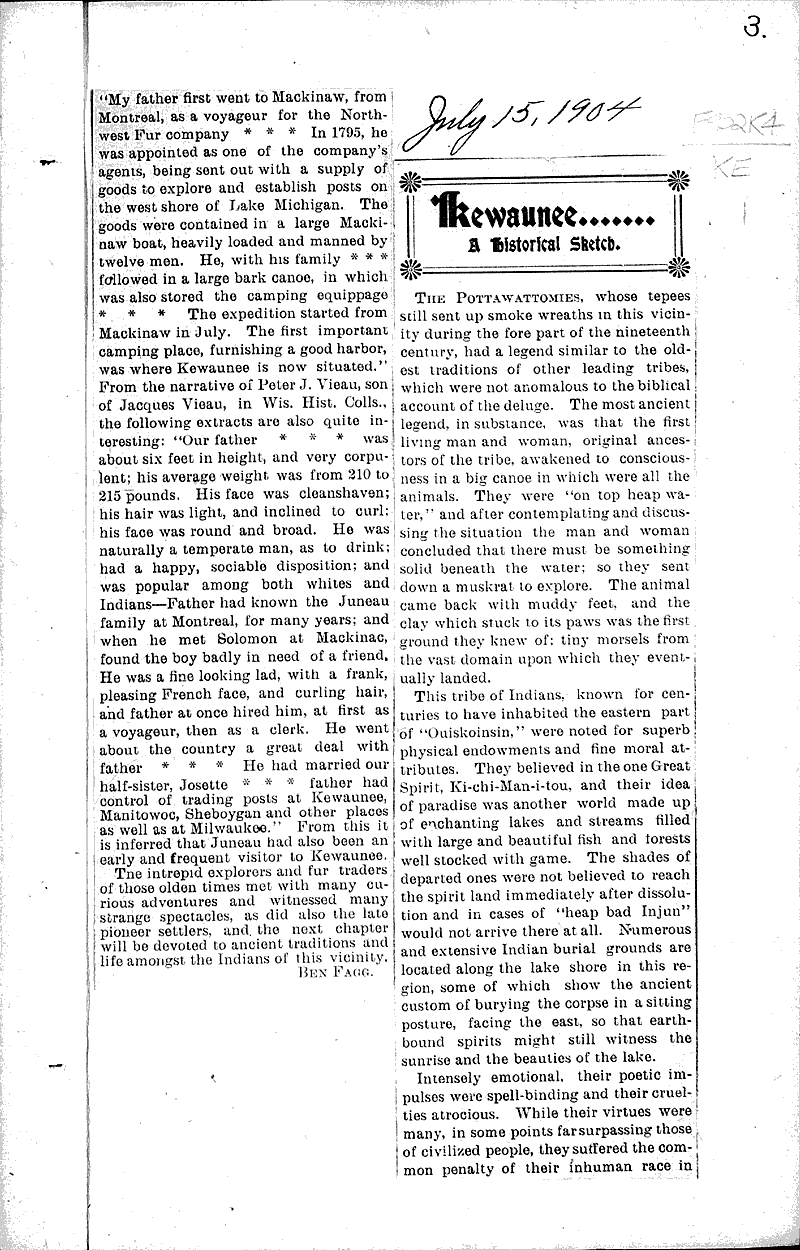 Kewaunee.....a historical sketch Newspaper Article/Clipping