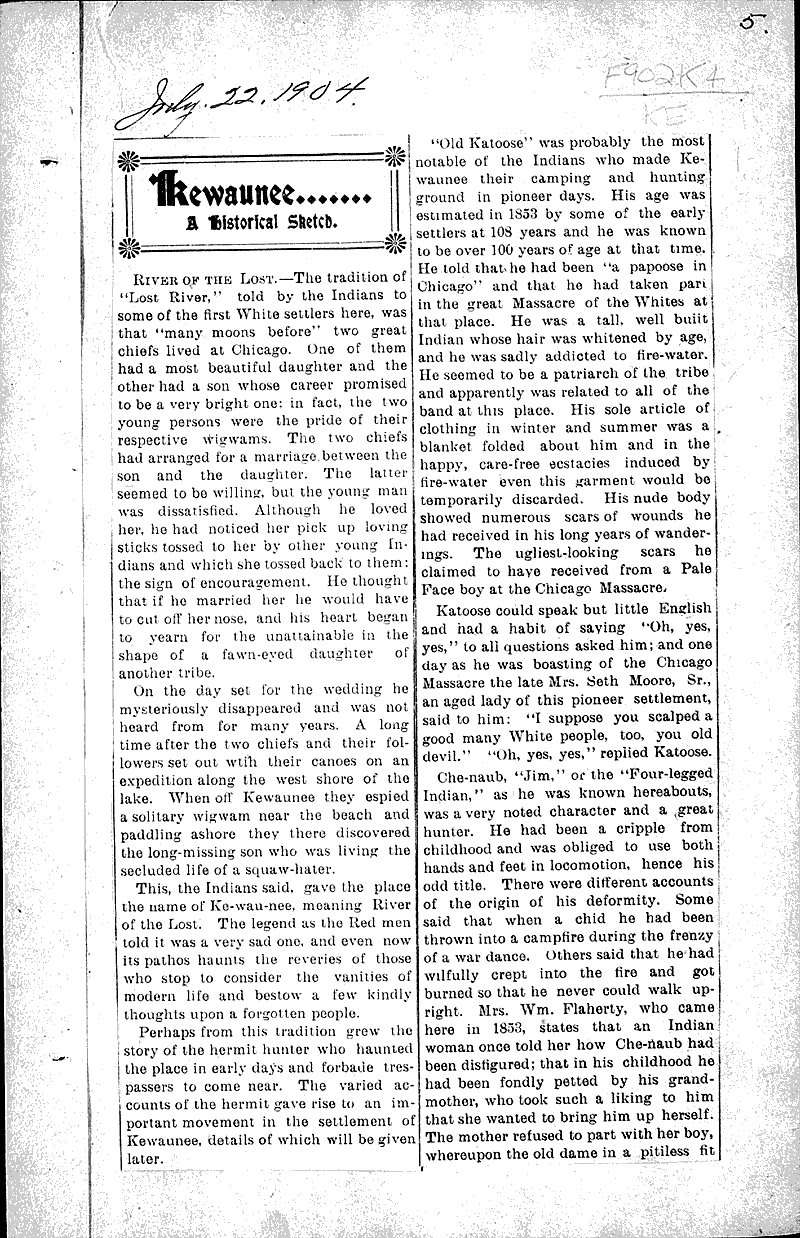 Kewaunee.....a historical sketch Newspaper Article/Clipping