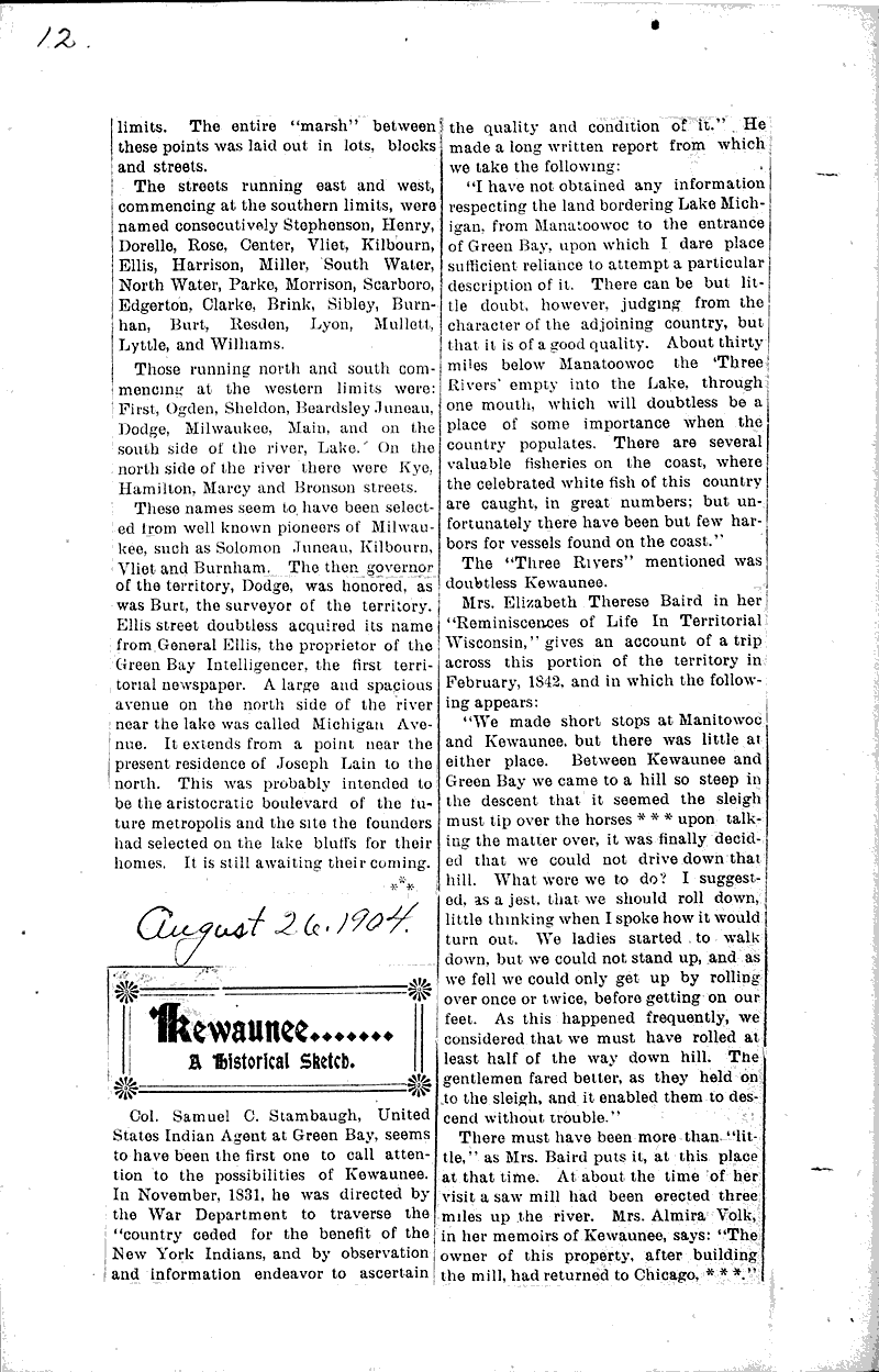 Kewaunee.....a historical sketch Newspaper Article/Clipping