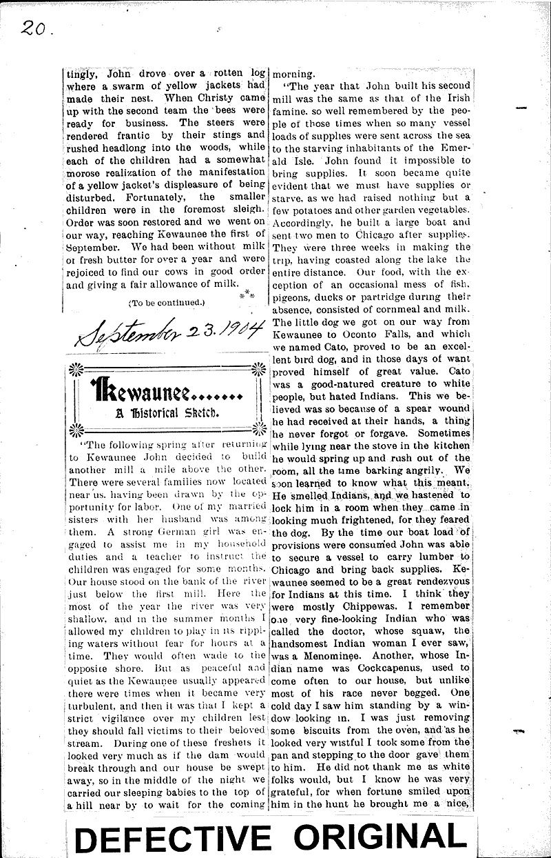 Kewaunee.....a historical sketch Newspaper Article/Clipping