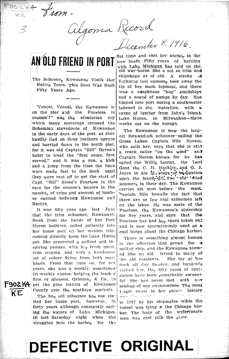 An old friend in port Newspaper Article/Clipping Wisconsin Historical Society