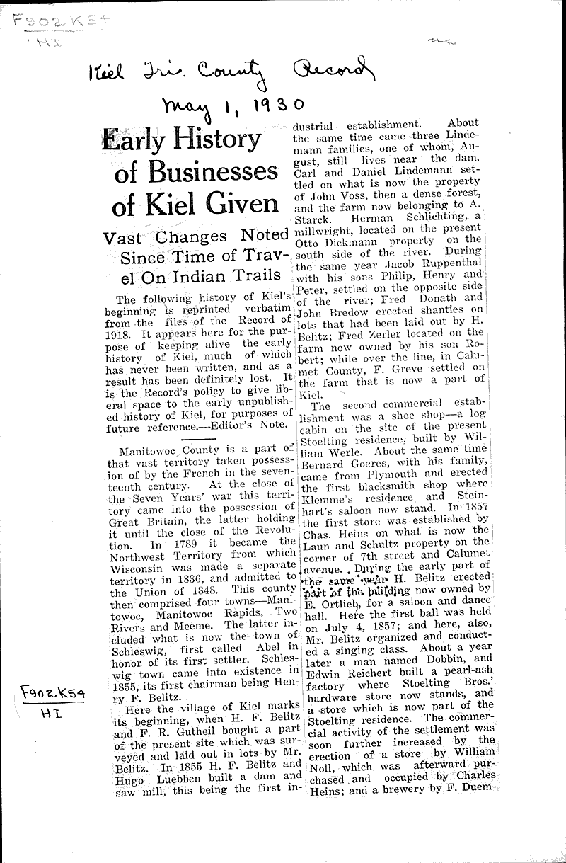 Early history of businesses of Kiel given Newspaper Article/Clipping