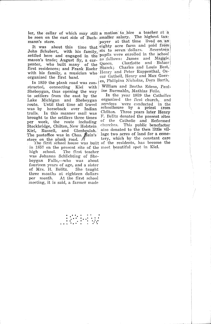 Early history of businesses of Kiel given Newspaper Article/Clipping