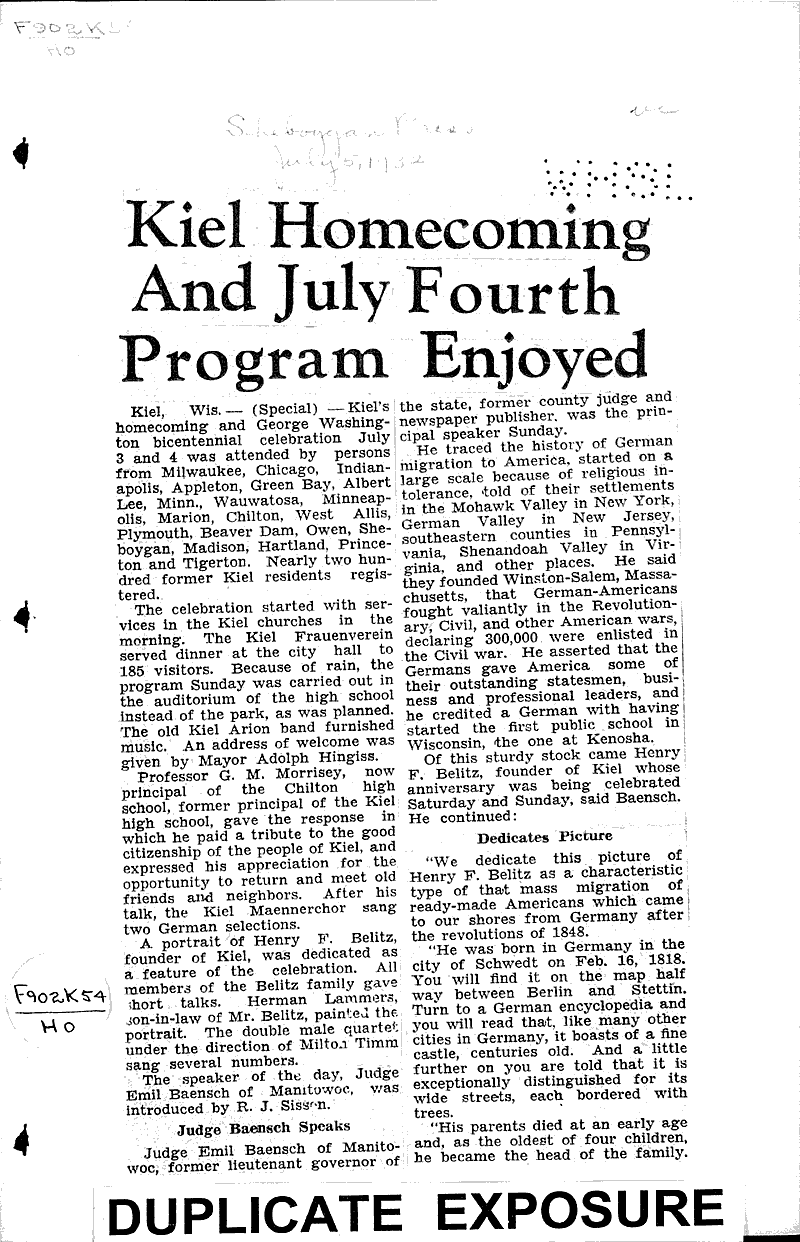 Kiel and July fourth program enjoyed Newspaper Article