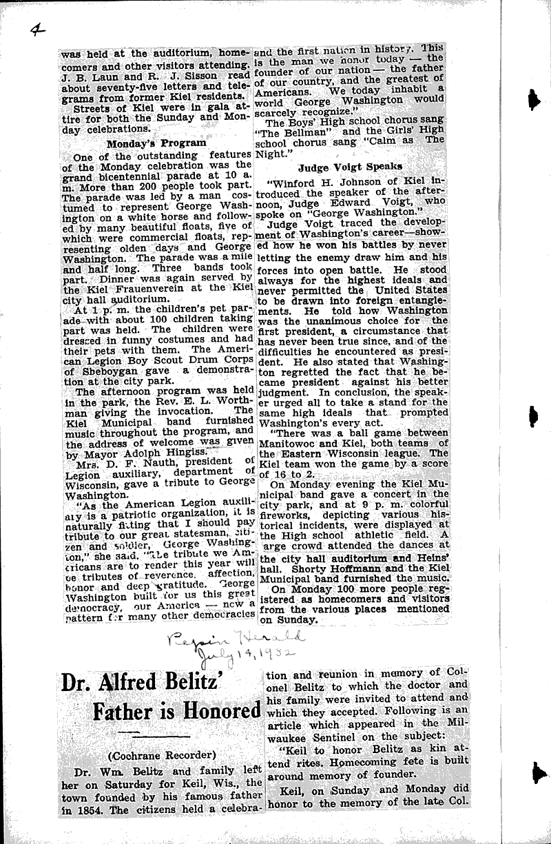 Kiel and July fourth program enjoyed Newspaper Article