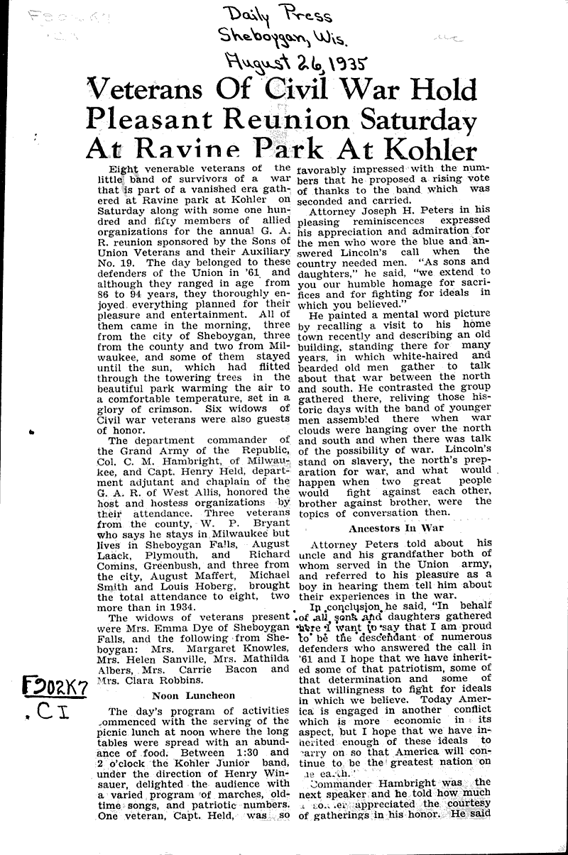 Veterans of Civil War hold pleasant reunion saturday at Ravine Park at