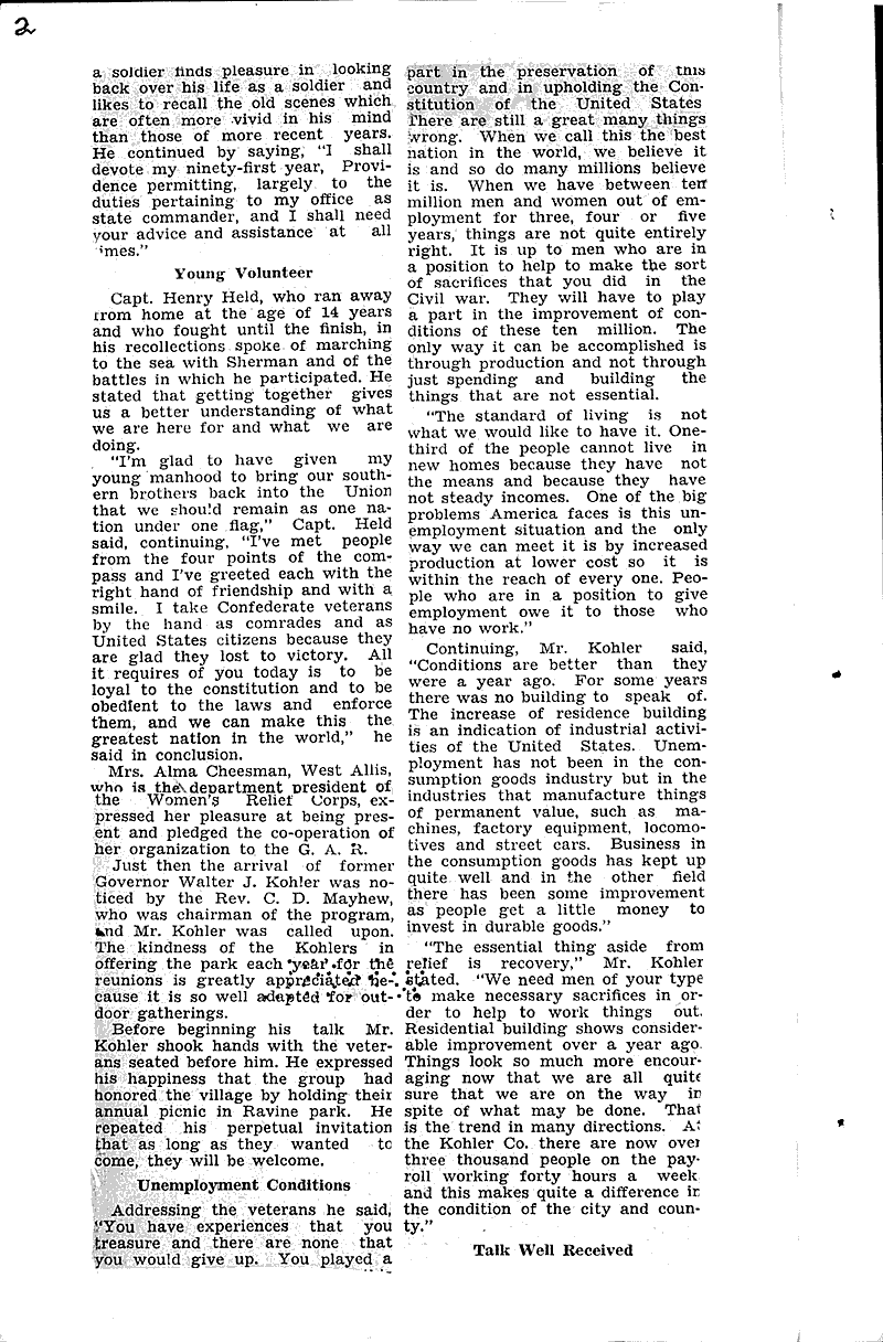 Veterans of Civil War hold pleasant reunion saturday at Ravine Park at