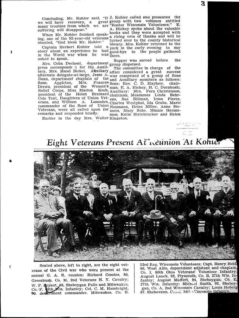 Veterans of Civil War hold pleasant reunion saturday at Ravine Park at