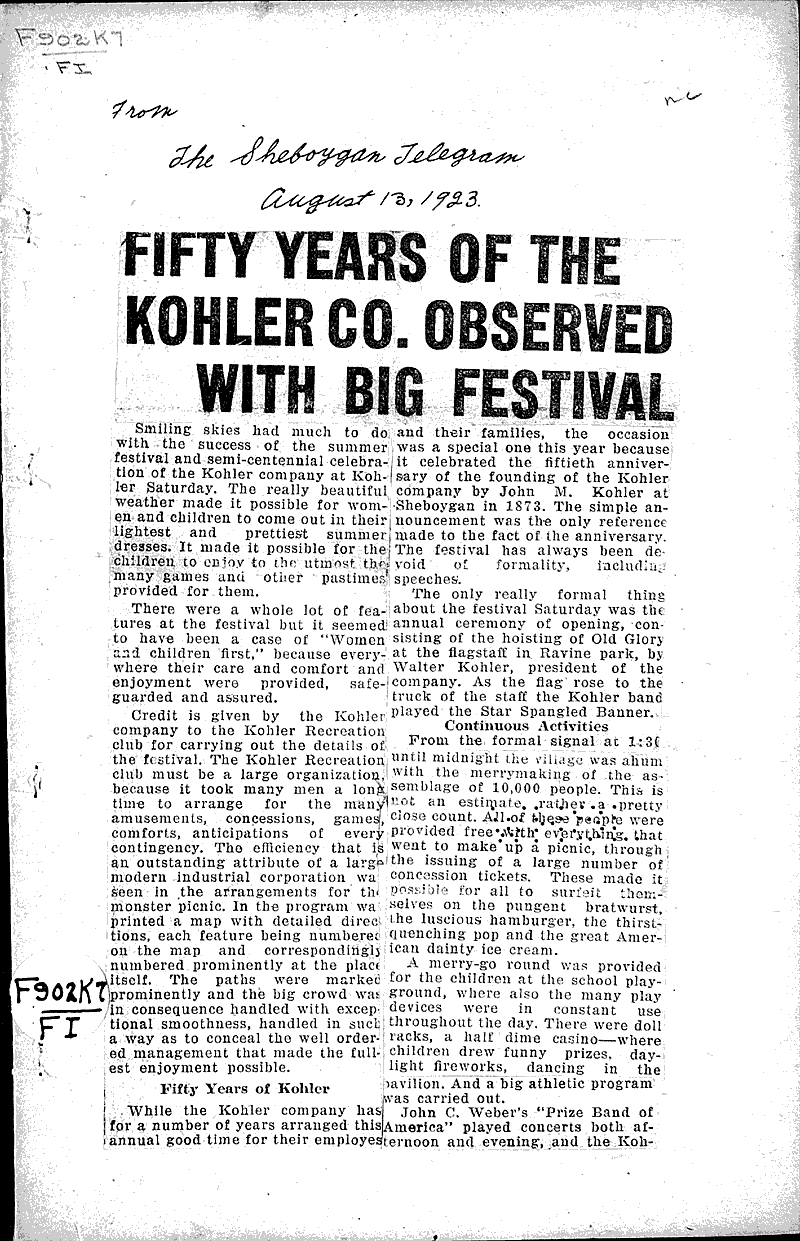  Source: Sheboygan Telegram Date: 1923-08-13