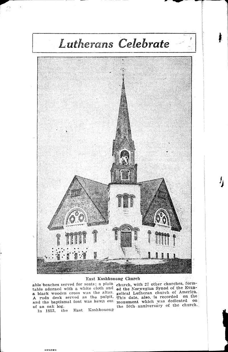 East Koshkonong Church is eighty years old Newspaper Article/Clipping