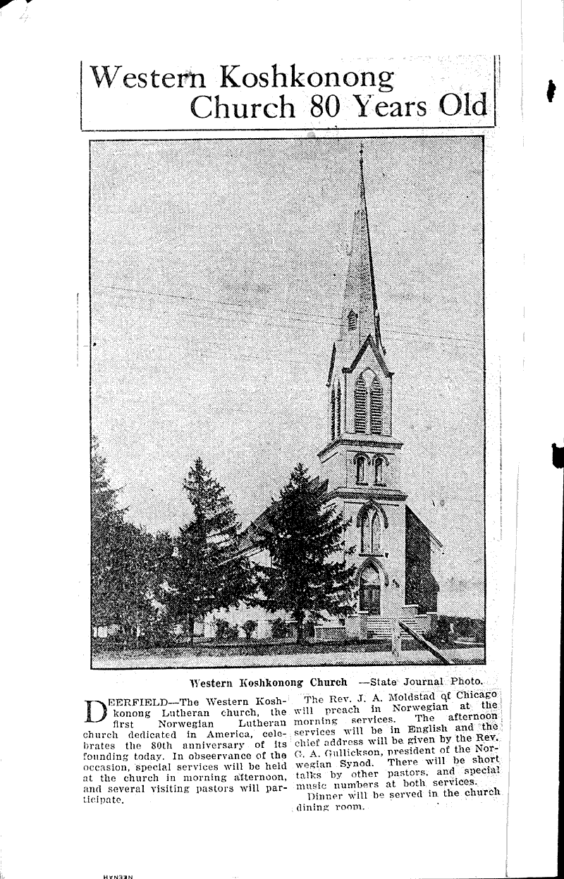 Western Koshkonong Church is 80 years old Newspaper Article/Clipping