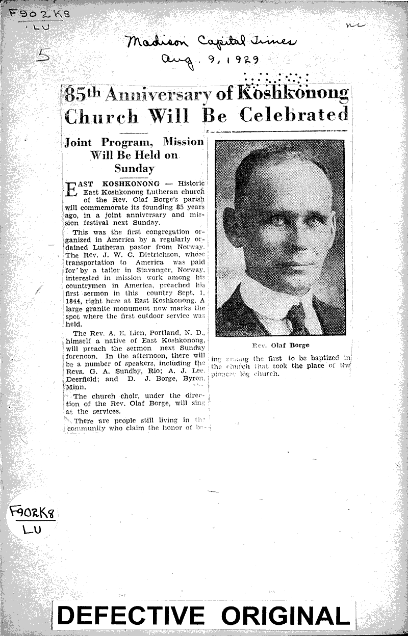 85th anniversary of Koshkonong church will be celebrated Newspaper