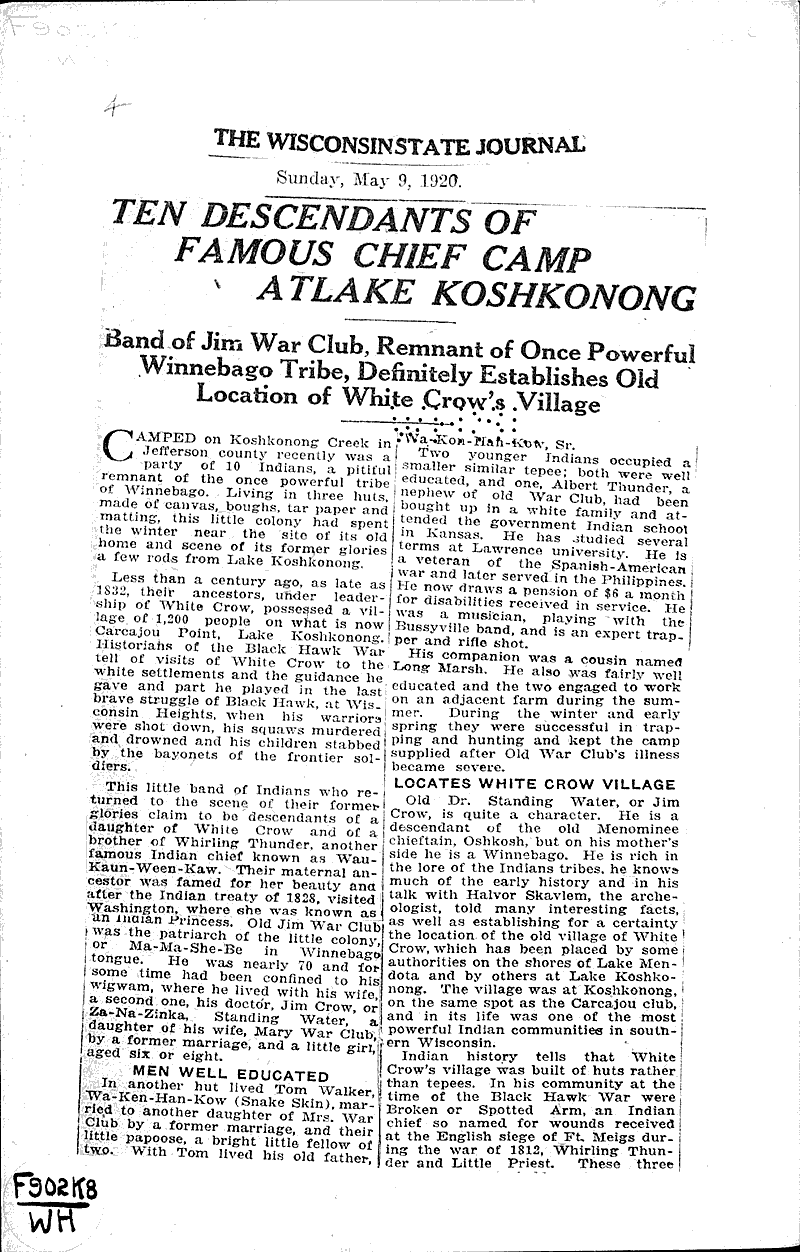  Source: Wisconsin State Journal Topics: Indians and Native Peoples Date: 1920-05-09