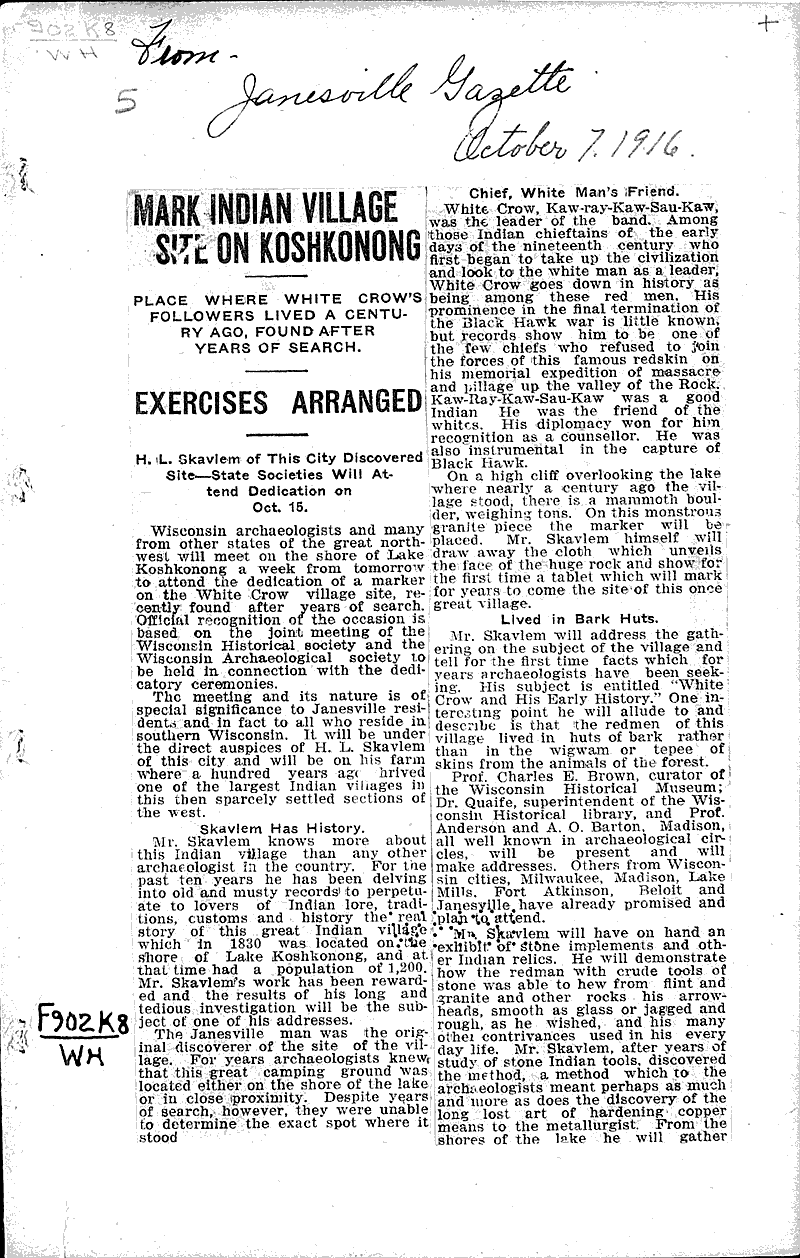 Source: Janesville Gazette Topics: Indians and Native Peoples Date: 1916-10-07