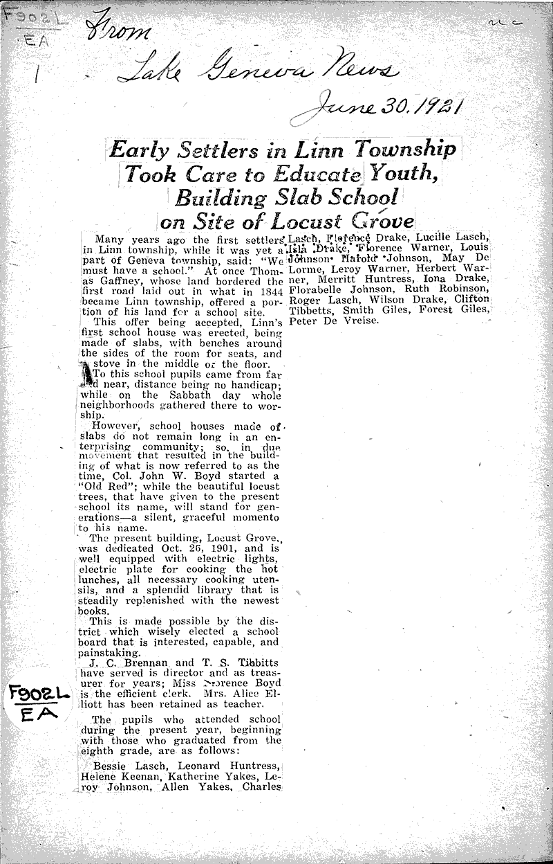  Source: Lake Geneva News Topics: Education Date: 1921-06-30