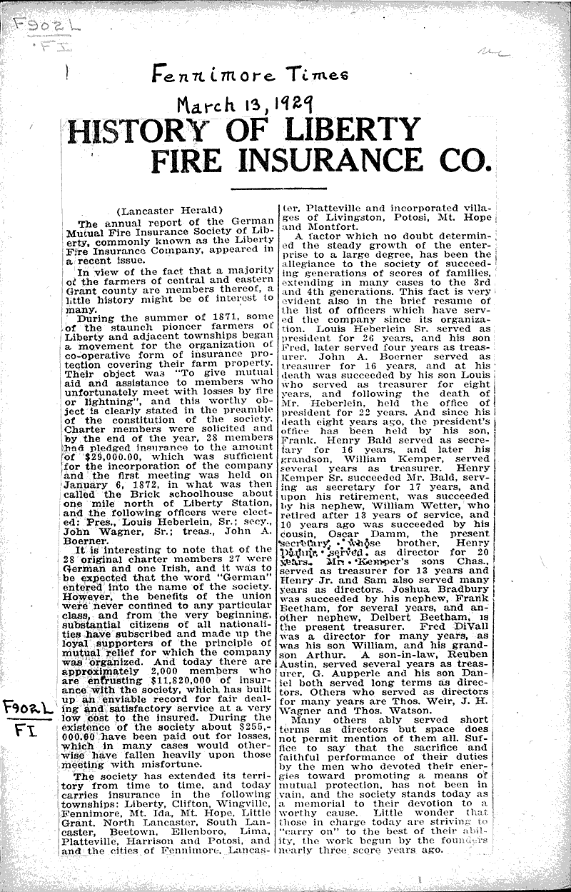 History of Liberty Fire Insurance Co. Newspaper Article/Clipping