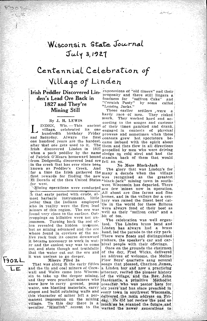 Centennial celebration of Village of Linden Newspaper Article