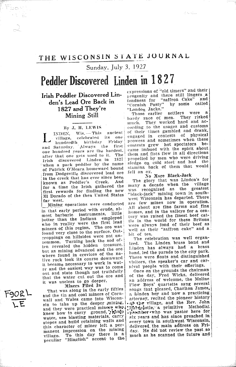 Peddler discovered Linden in 1827 Newspaper Article/Clipping
