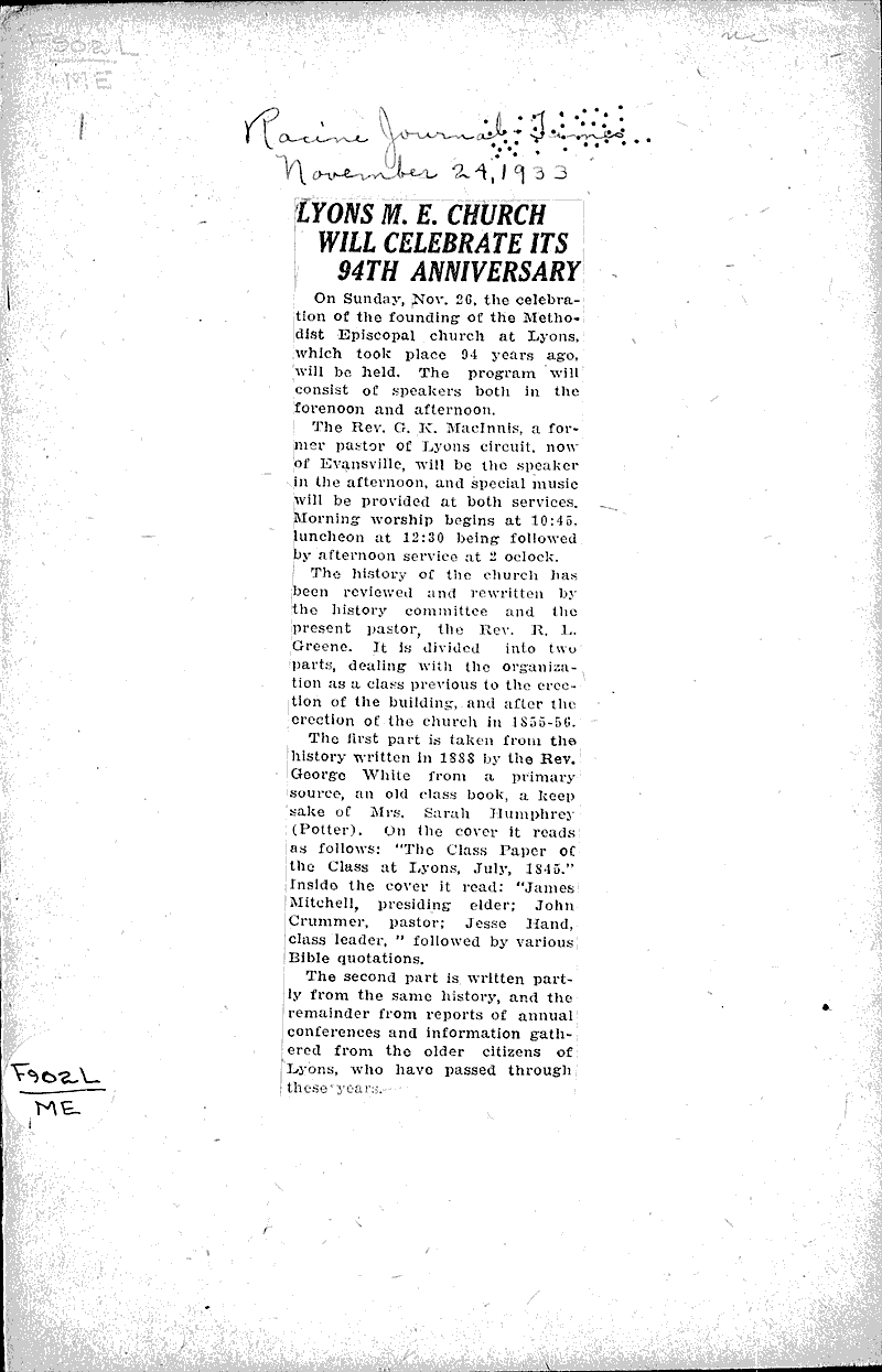 Lyons M. E. Church will celebrate its 94th anniversary Newspaper