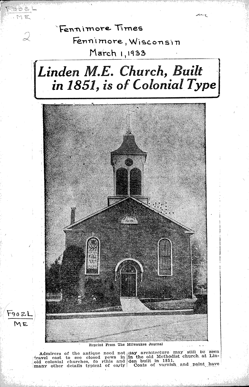 Linden M.E. Church, built in 1851, is of colonial type Newspaper