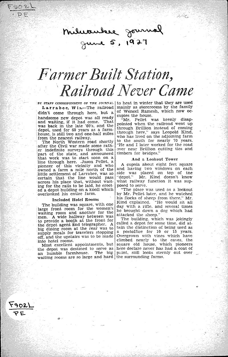 Farmer built station, railroad never came Newspaper Article/Clipping