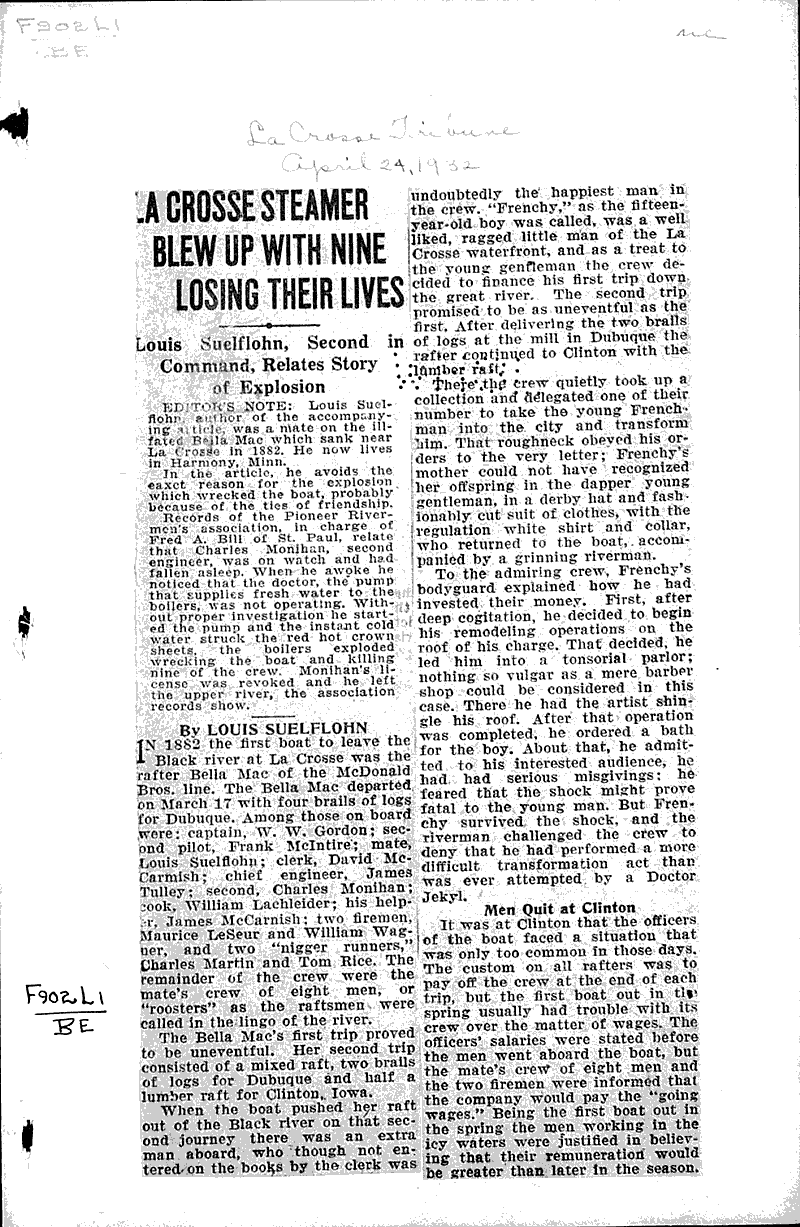 La Crosse steamer blew up with nine losing their lives Source: La Crosse Tribune Topics: Transportation Date: 1932-04-24