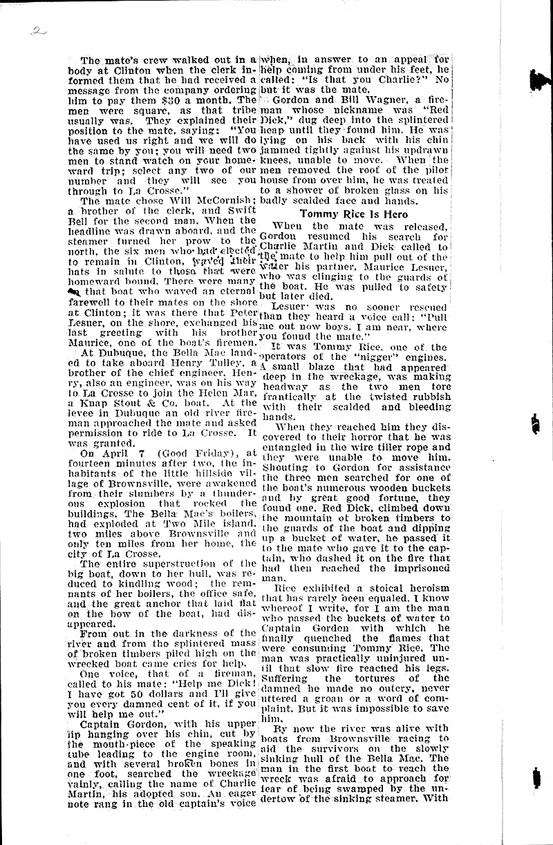 La Crosse steamer blew up with nine losing their lives Source: La Crosse Tribune Topics: Transportation Date: 1932-04-24