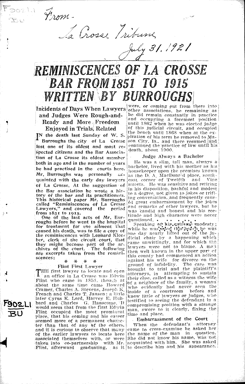  Source: LaCrosse Tribune Topics: Government and Politics Date: 1921-07-31